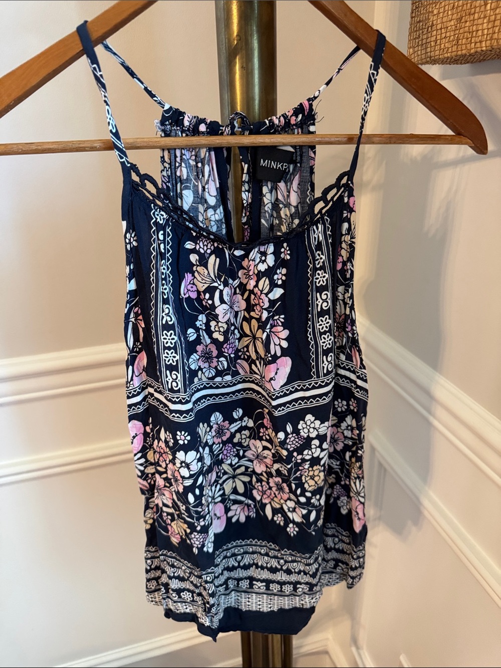 MINKPINK Navy Floral Spaghetti Strap Cami with Pink and Cream Blooms